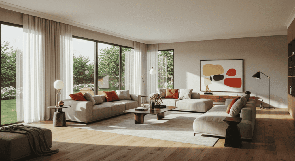 Bright living space with layered textures and affordable luxury finishes.