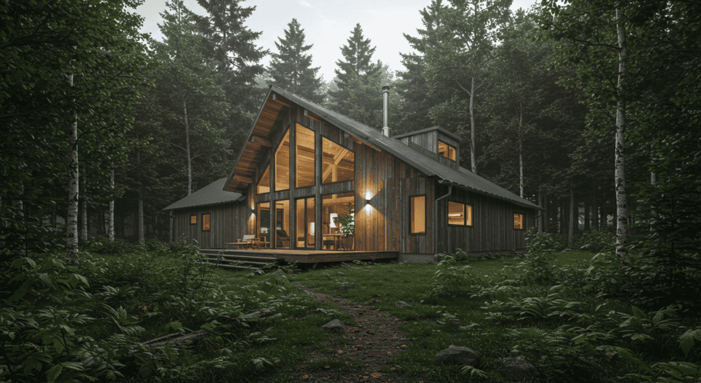Off-grid home powered by solar panels in a rural setting.