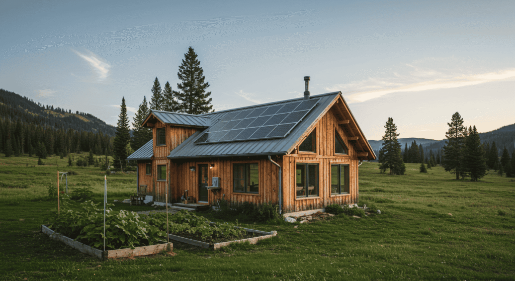 Small cabin with rooftop solar panels and wind turbine.