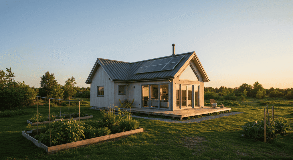 Modern off-grid house using alternative energy solutions.