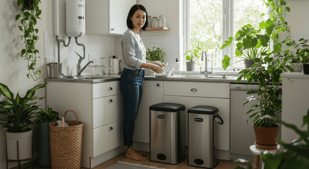 Eco-friendly home using cloth bags and refillable bottles.
