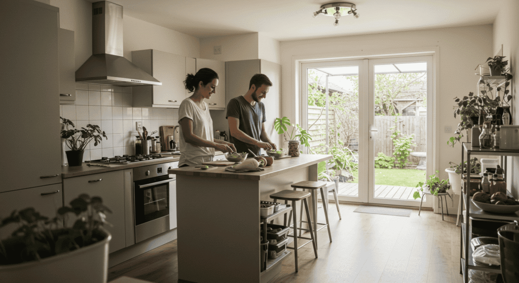 Zero-waste kitchen with reusable glass jars and containers.