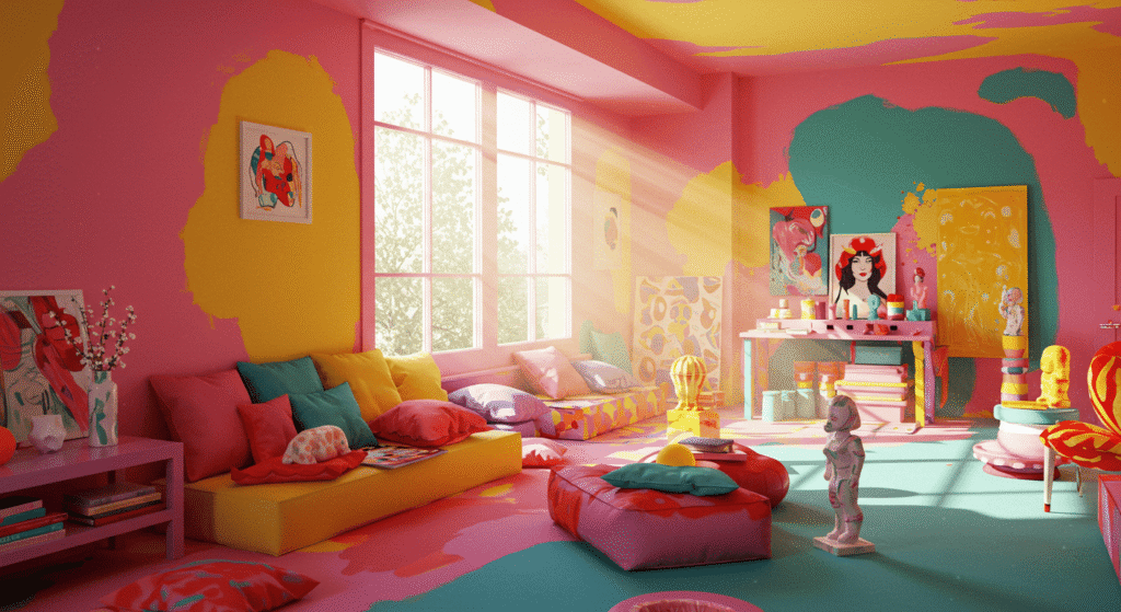 Colorful living space featuring layered hues of pink and coral.