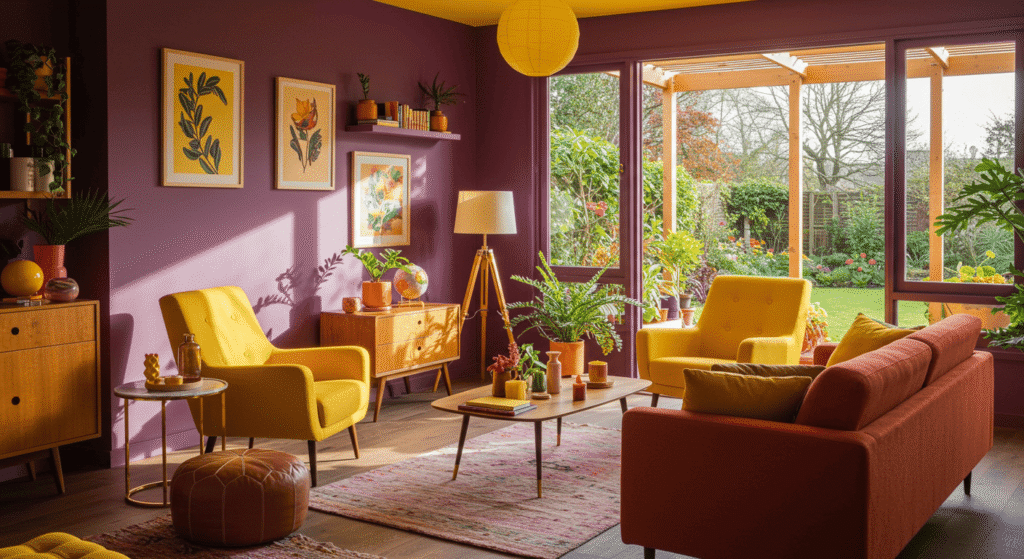 Vibrant tone-on-tone home office with orange accents.