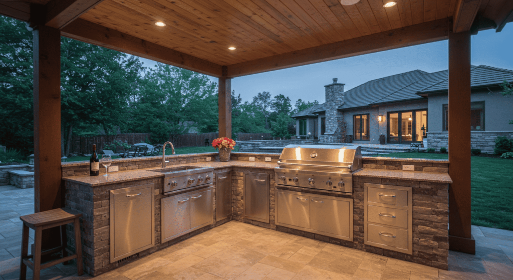 Elegant outdoor cooking space with stone surfaces and wood finishes.