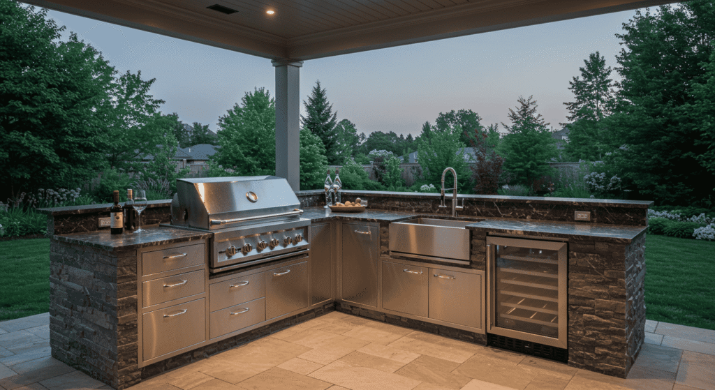 Backyard kitchen with stone backsplash and rustic wooden elements.