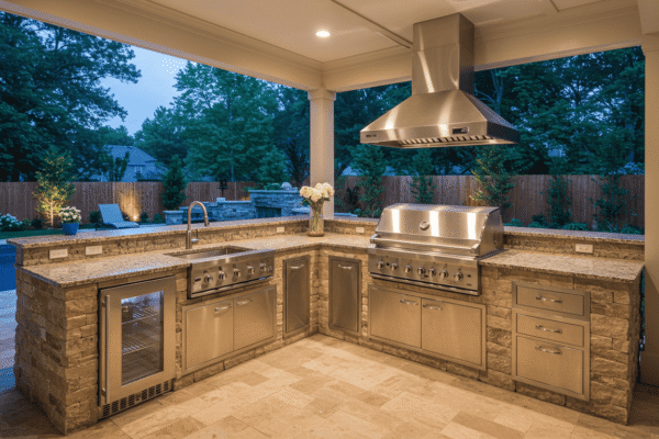 Luxury Outdoor Kitchens: Timeless Designs with Stone and Wood Details