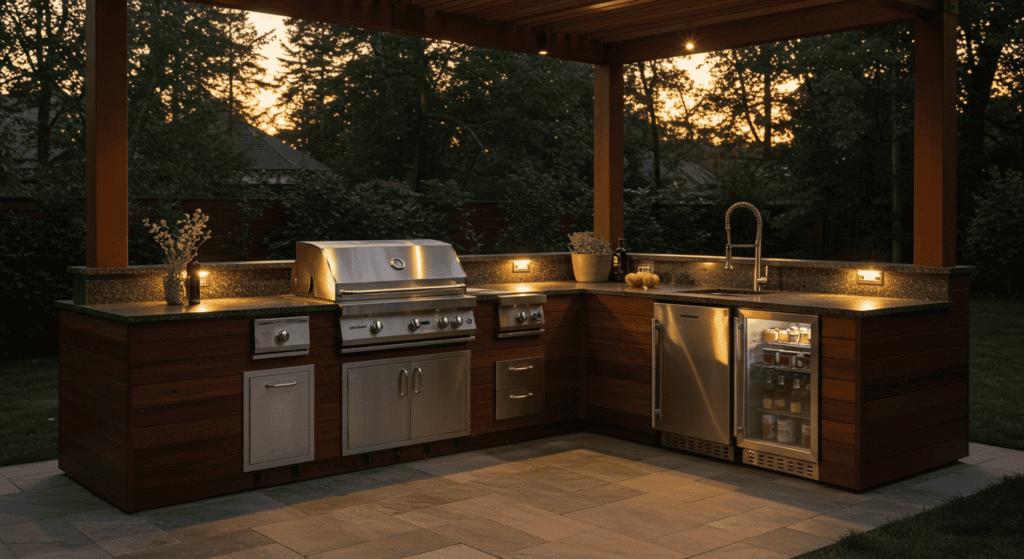 Modern patio kitchen featuring natural stone and wooden accents.