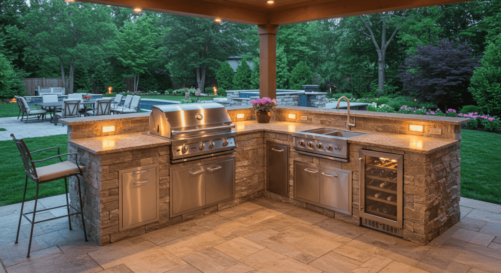 Luxury outdoor kitchen with stone countertops and wooden cabinetry.