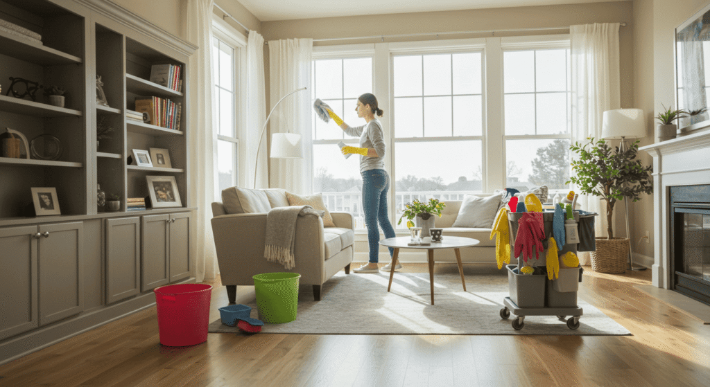 Person demonstrating cleaning hacks with household products on camera.