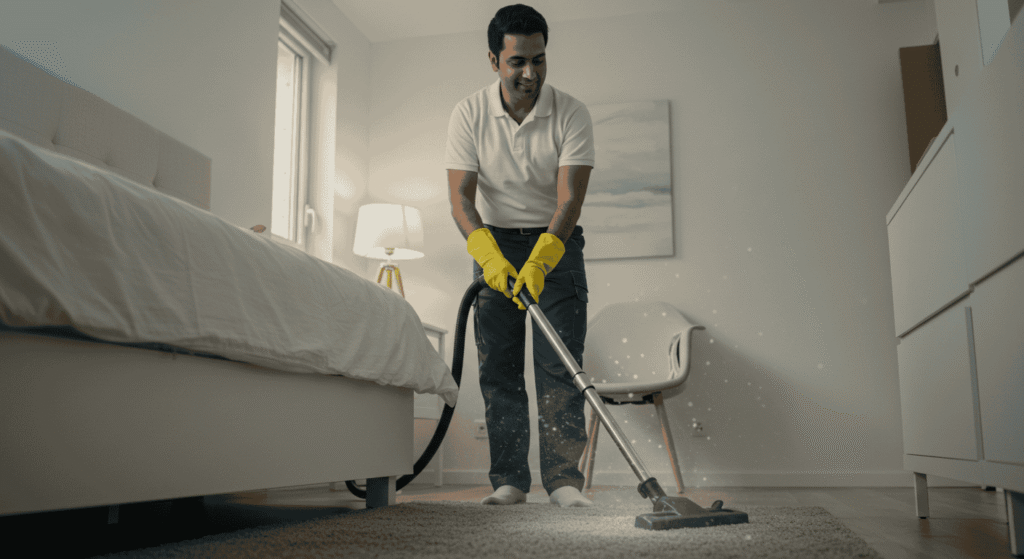 Close-up of cleaning supplies arranged neatly for a social media post.