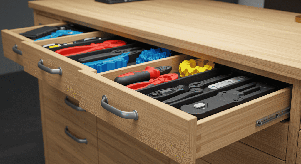 Close-up of 3D printed utensil holder inside a kitchen drawer.