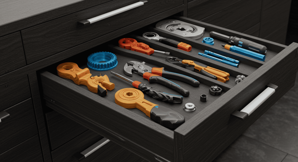 Office supplies arranged in drawers using 3D printed organizers.