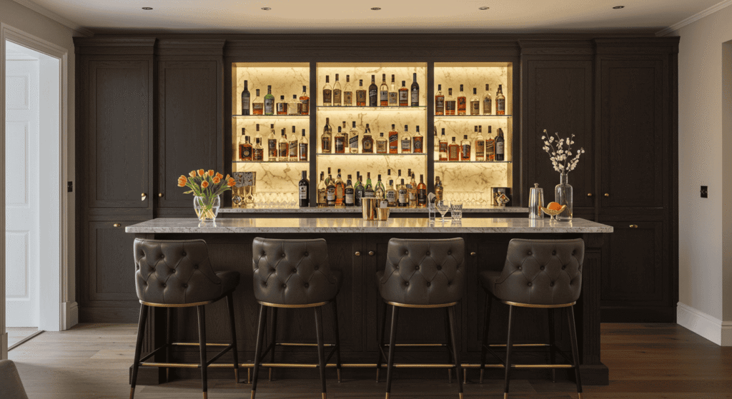 Elegant home bar setup with mirrored shelves and premium glassware.