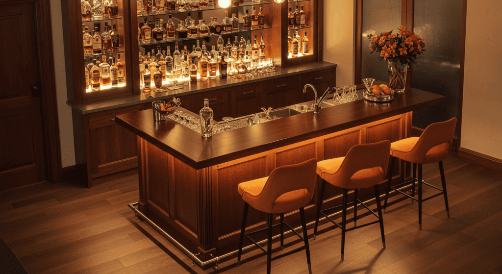 Contemporary living room featuring a stylish built-in home bar.