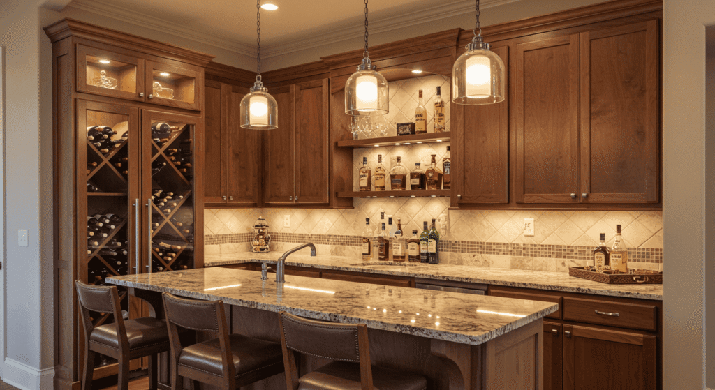 Luxury bar area with gold accents, wine storage, and crystal glasses.