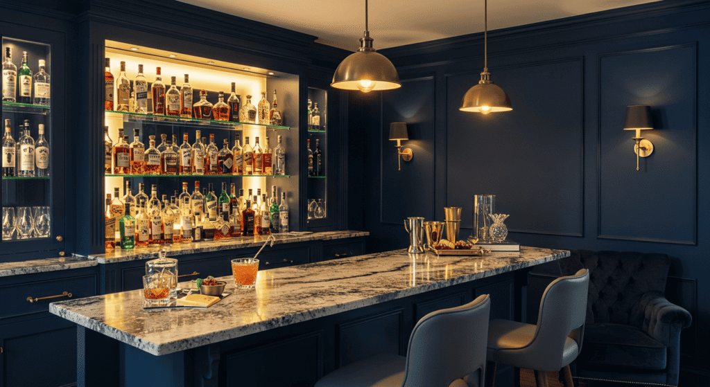 Cozy entertainment space with a sleek wooden home bar.