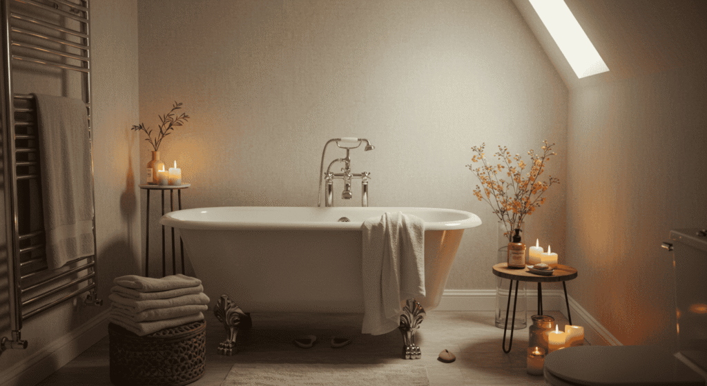 Bathroom with natural wood accents and cozy spa-like decor.