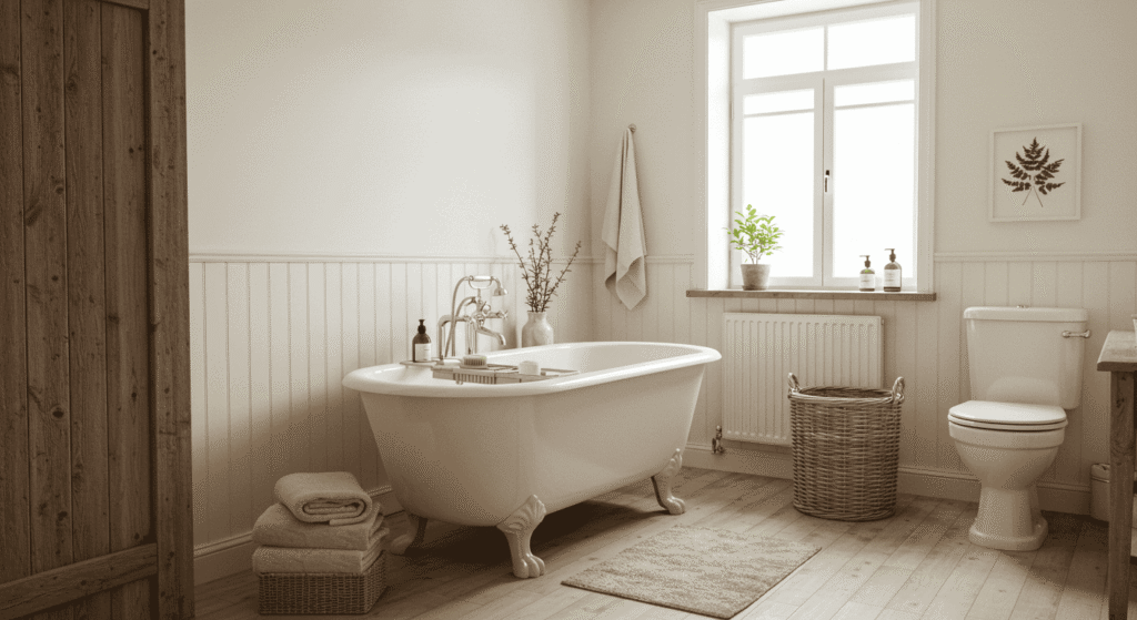 Modern cozycore bathroom with soft lighting and warm tones.