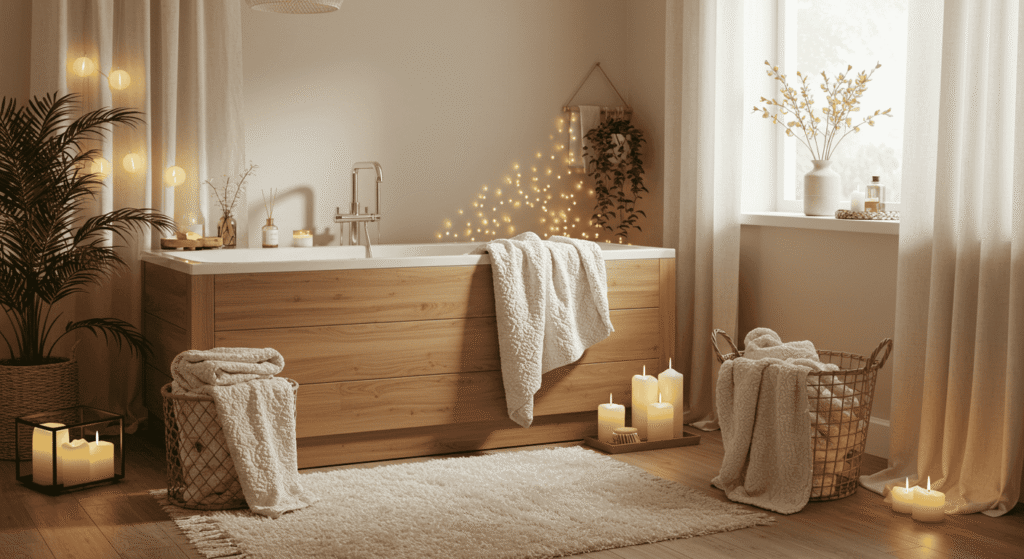 Soft towels and woven baskets adding comfort to a luxury bathroom.