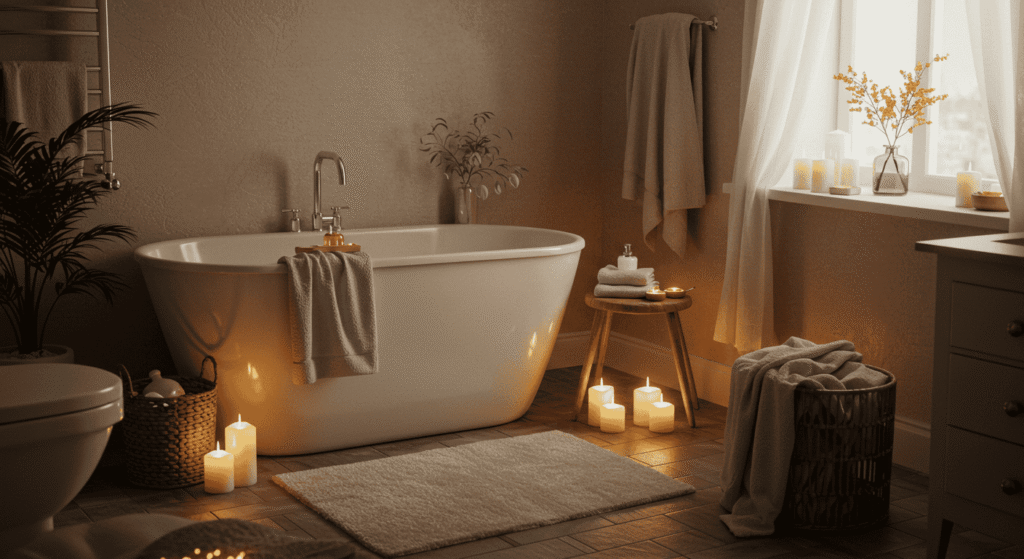 Cozy bathroom featuring warm lighting and natural stone finishes.