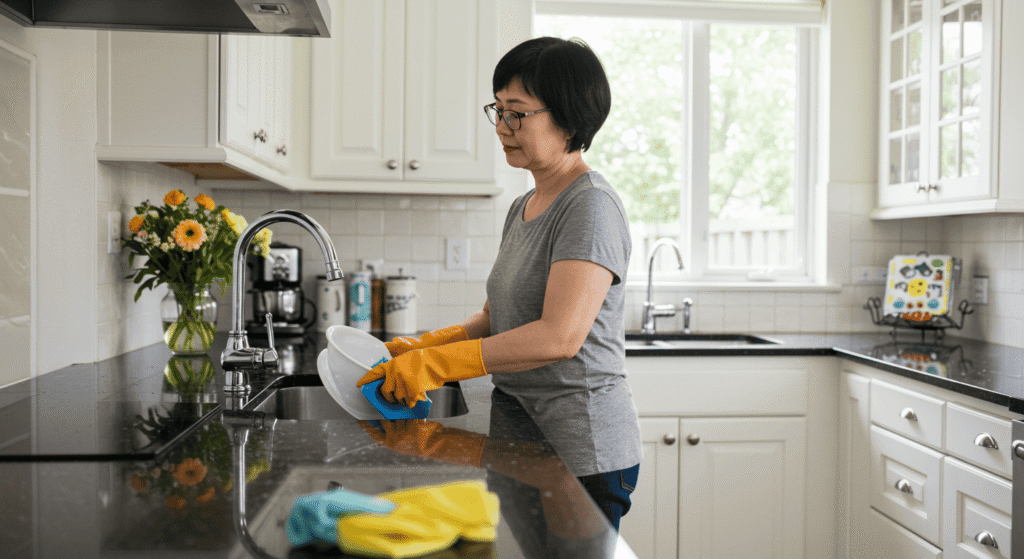 Hands dusting a coffee table as part of a 5-minute cleaning routine.
