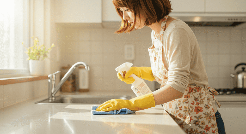 Spray bottle and microfiber cloth used for quick surface cleaning.
