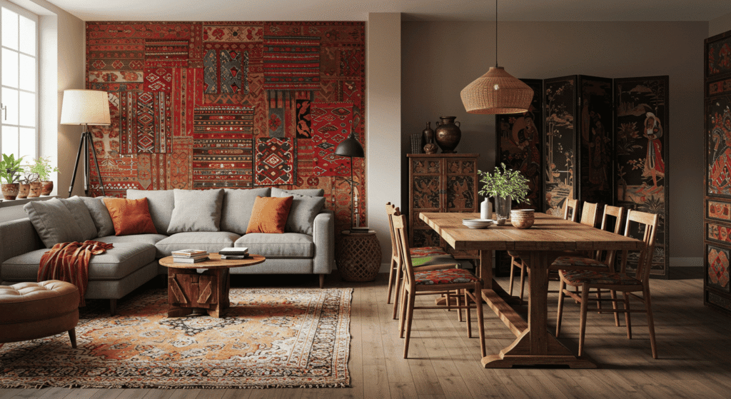 Scandinavian-inspired home decor mixed with global patterns.