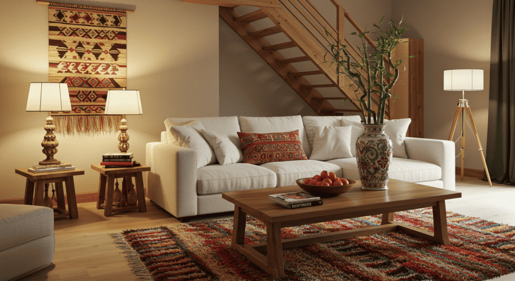 Living room decorated with global-inspired home decor pieces.