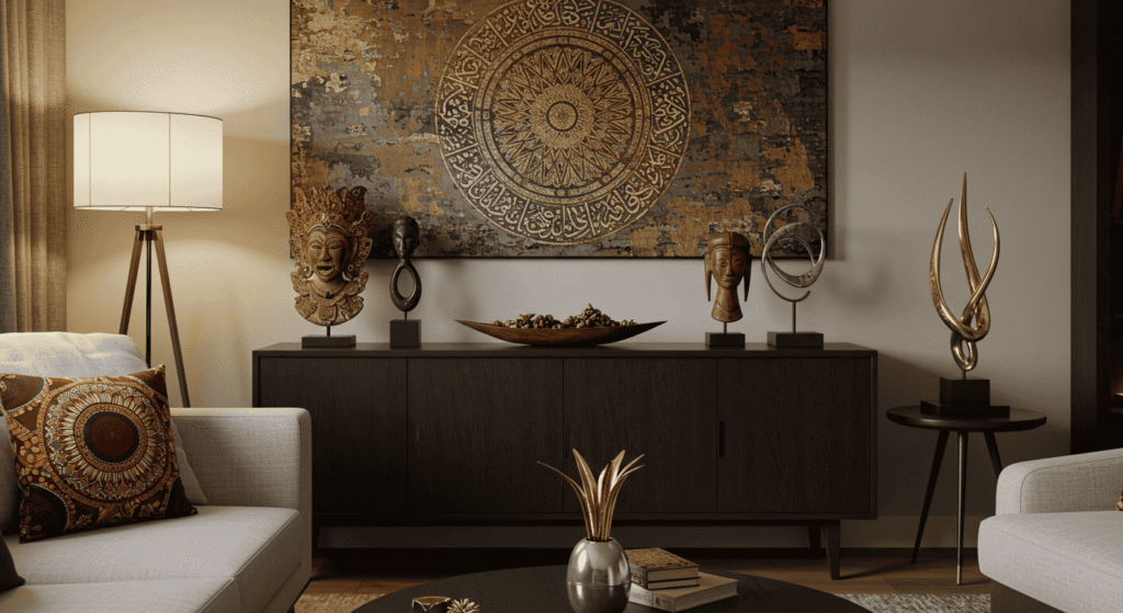 Bohemian-style room with cultural art and handmade furniture.
