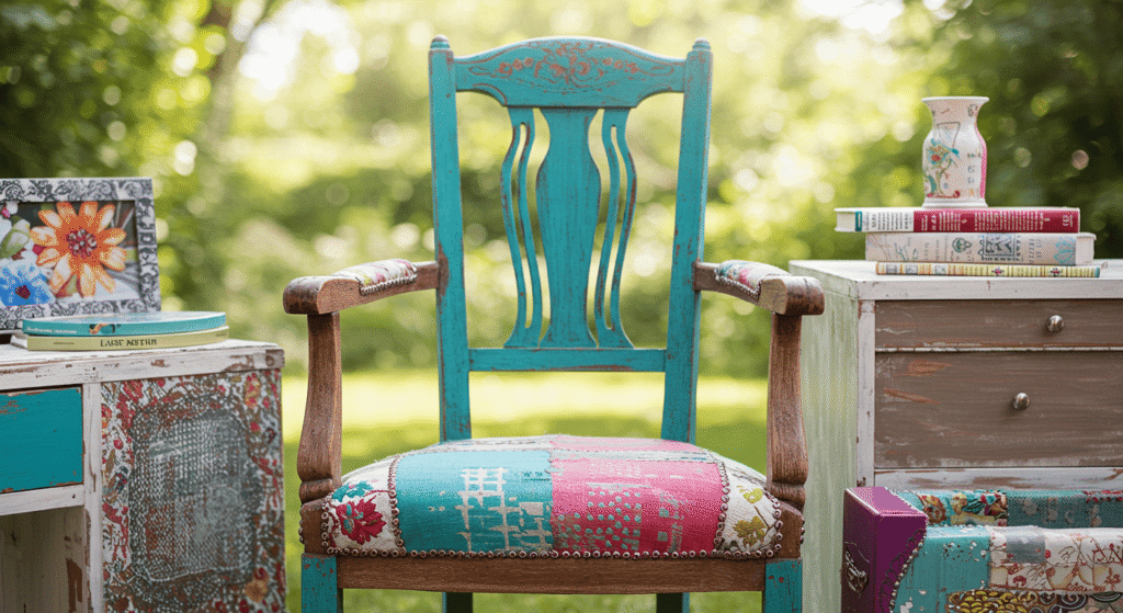 DIY upcycled furniture corner featuring chairs, tables, and cabinets.