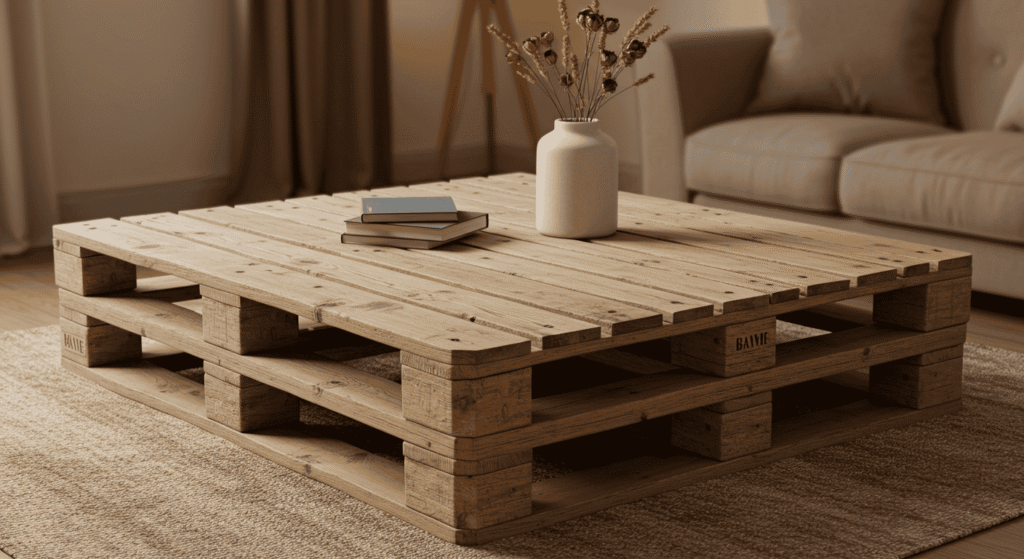 Upcycled coffee table with a modern finish in a cozy living room.