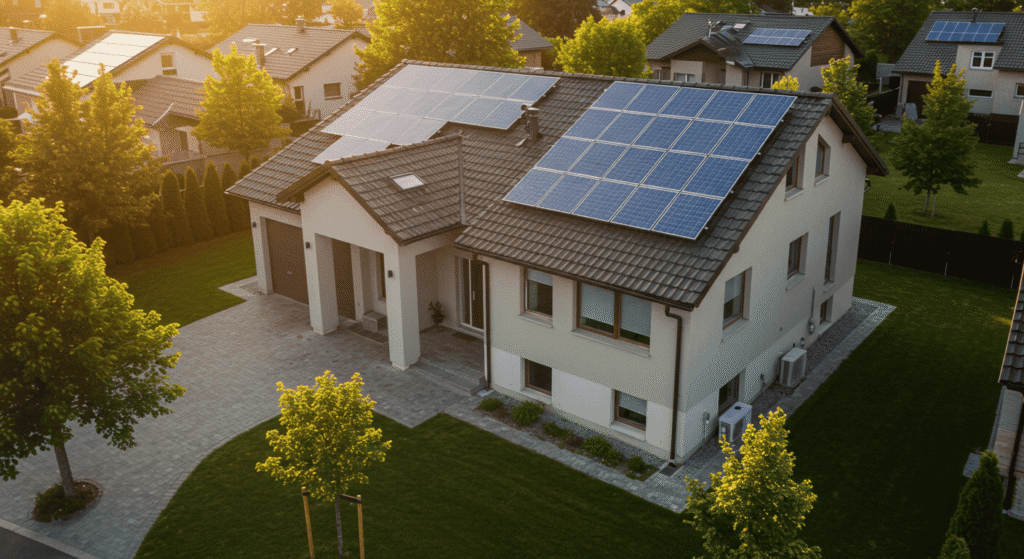 Home energy system showing solar panels connected to the grid.