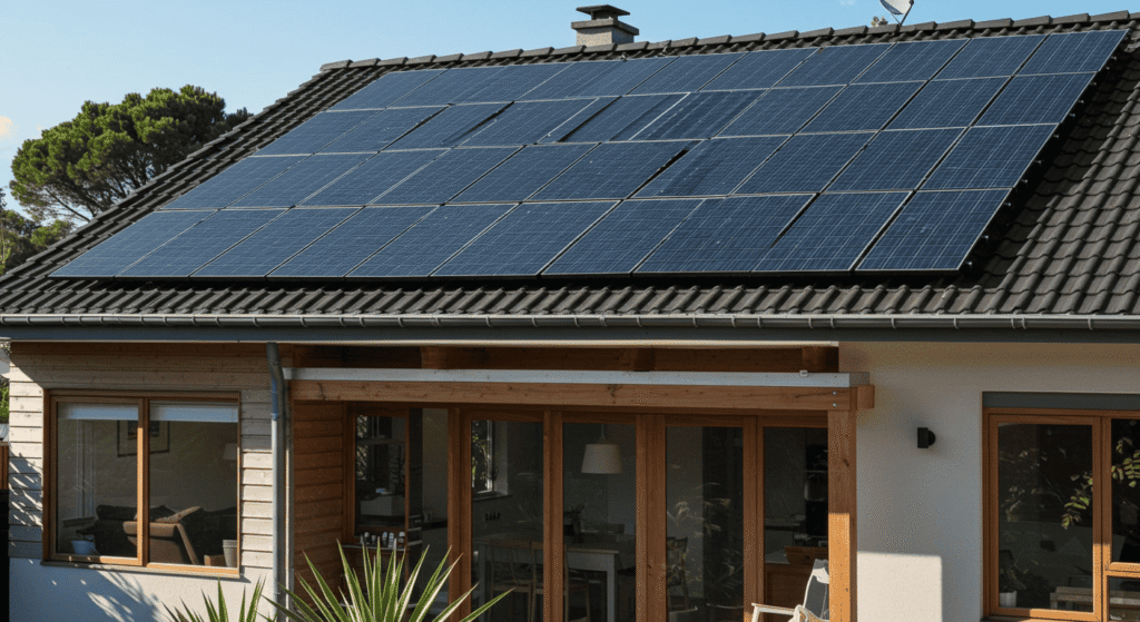 Rooftop solar panels installed on a modern suburban home.