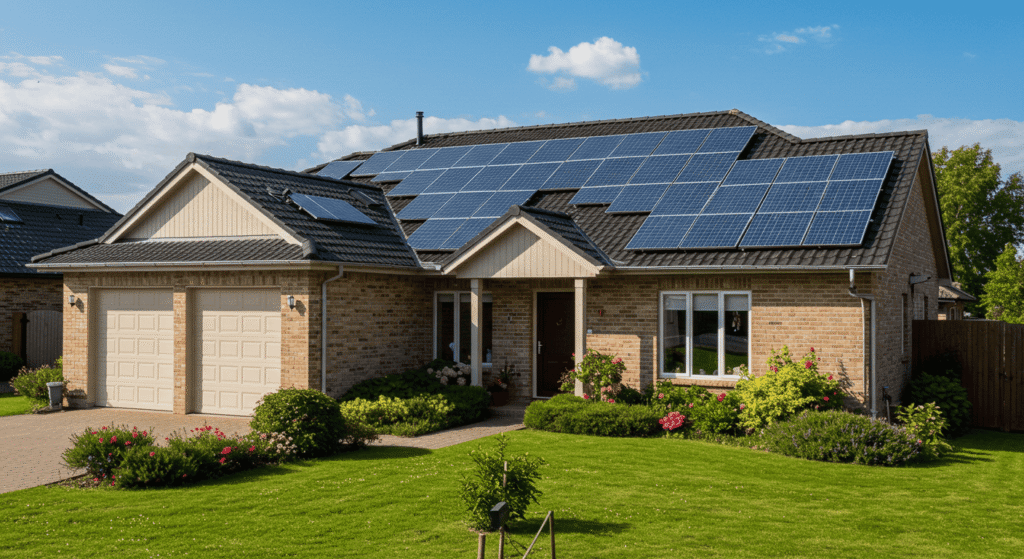Solar panels angled on a roof to maximize sun exposure.