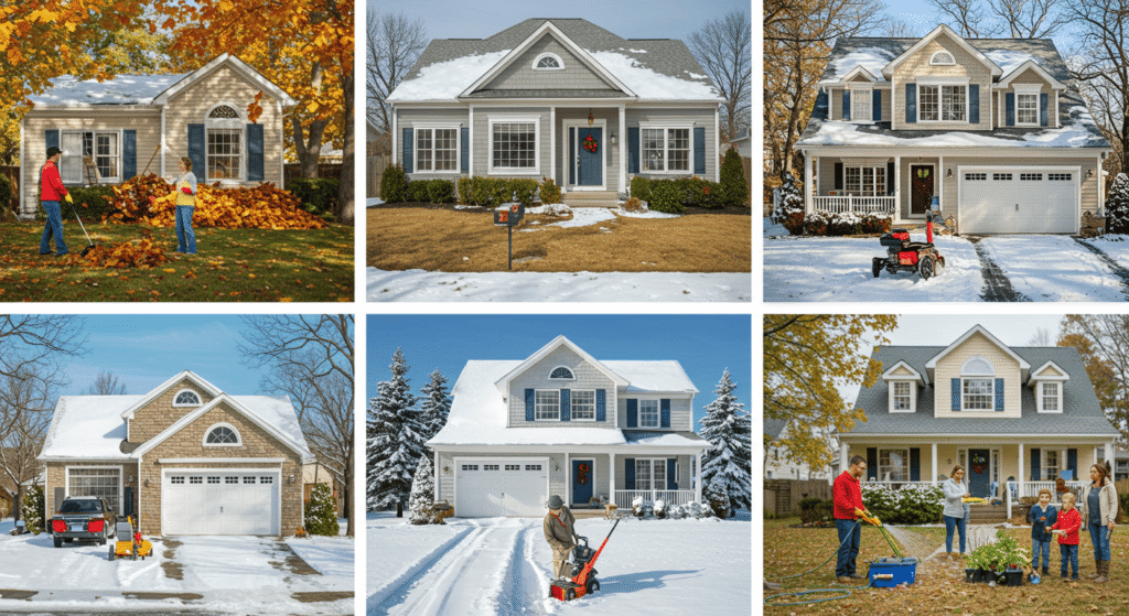 Home exterior in fall with leaves being raked and gutters cleaned.