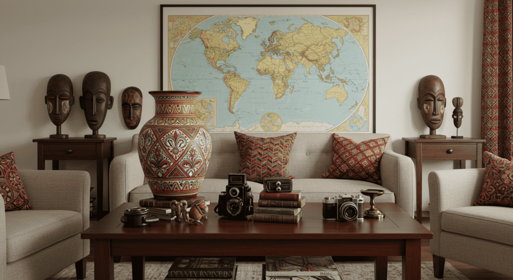 Living room decorated with cultural artifacts collected from world travels.