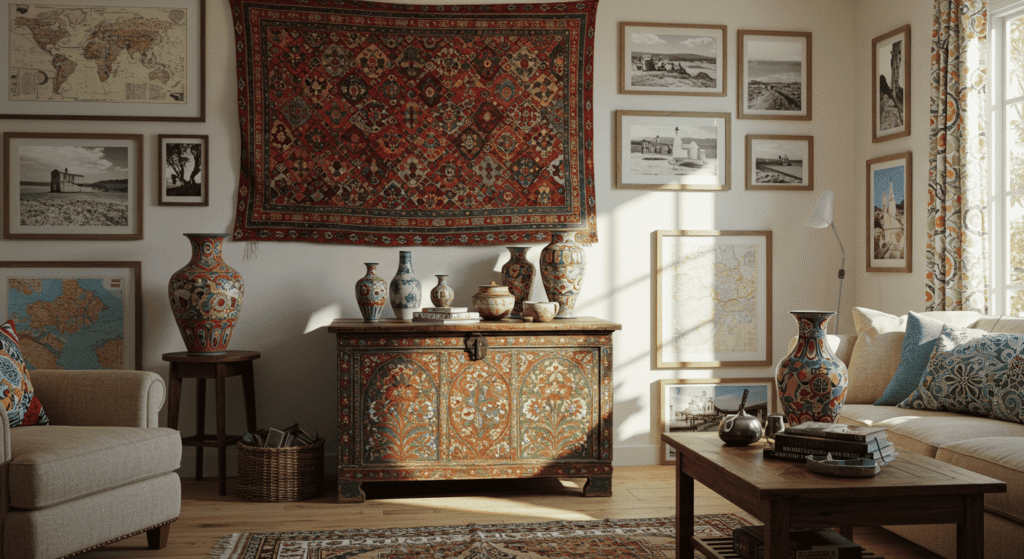 Close-up of handmade pottery and souvenirs displayed on a shelf.