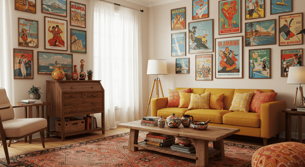 Bedroom featuring textiles and rugs from different countries.