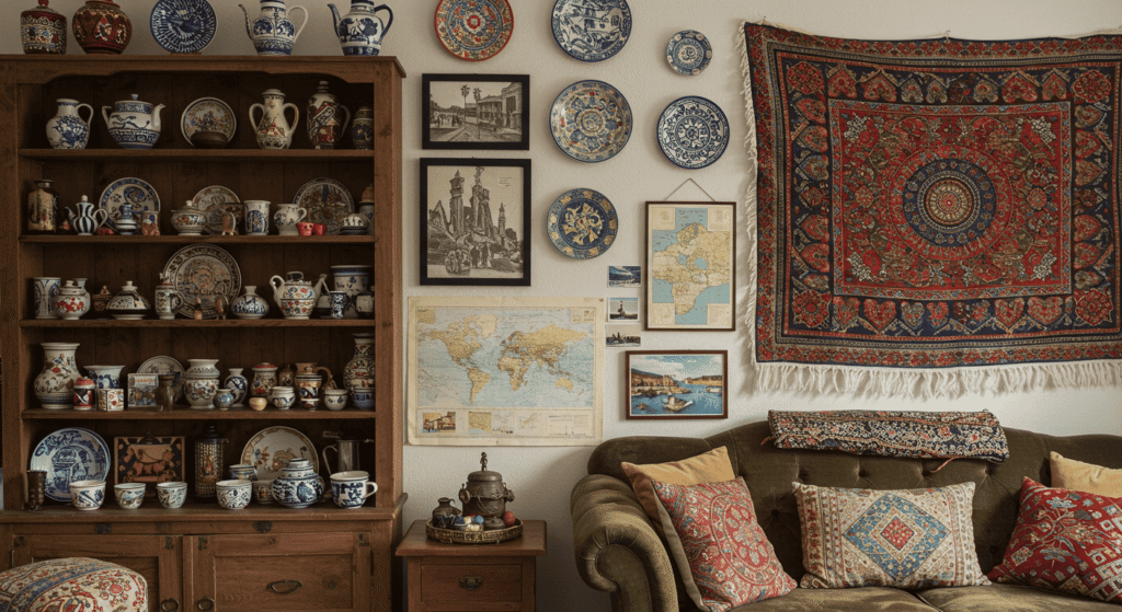 Dining area with tableware and accents sourced from international trips.