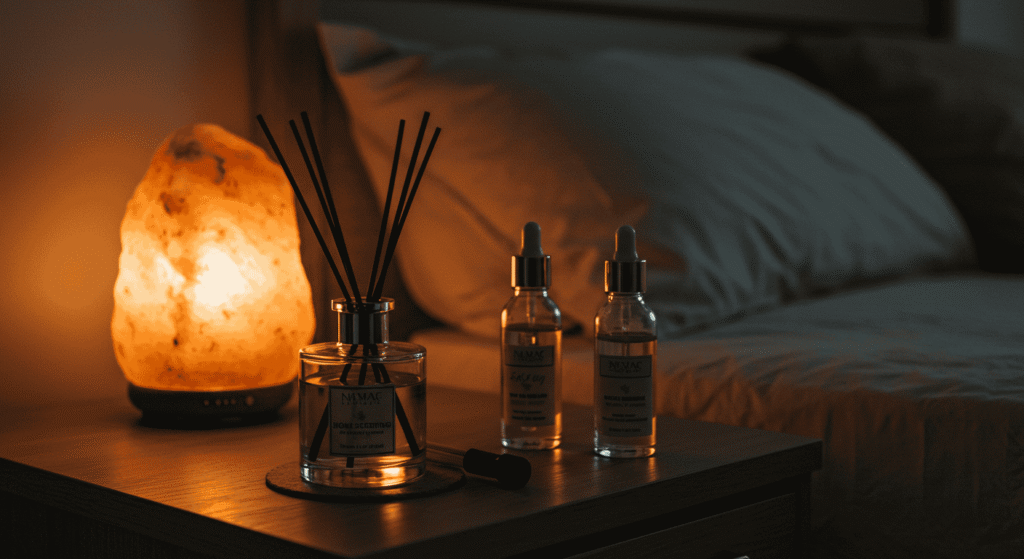 Smart aroma diffuser releasing scented mist in a modern living room.