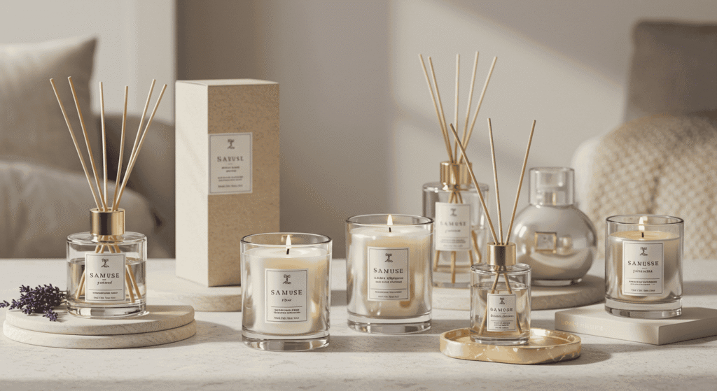 Close-up of an AI-enabled home scenting device on a side table.