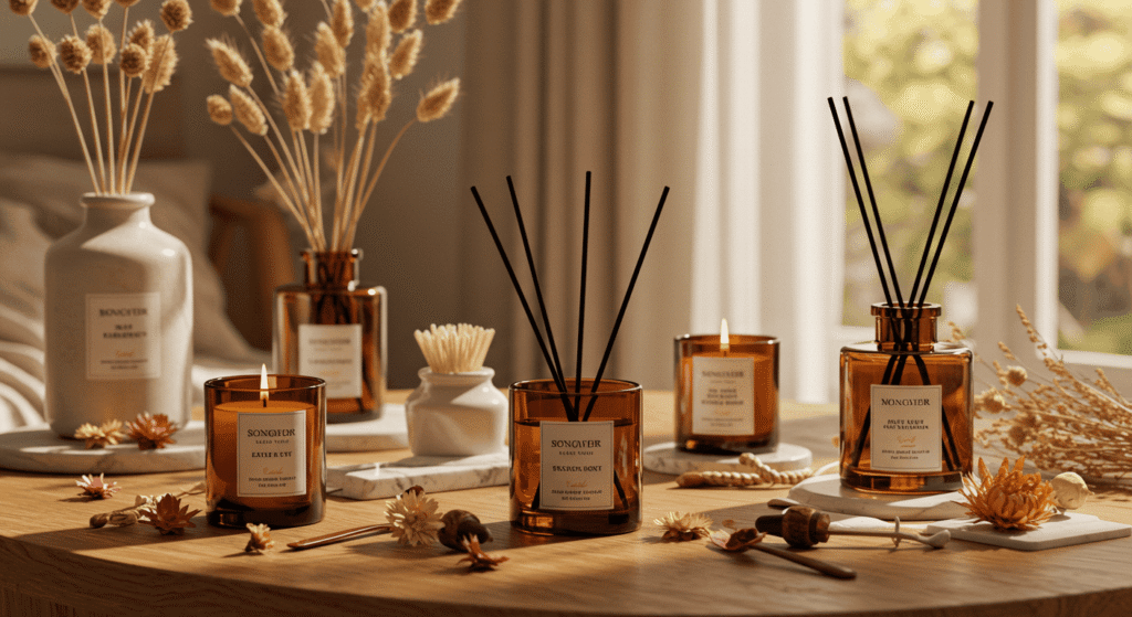 Mood-enhancing aromas filling a cozy bedroom with smart diffuser.