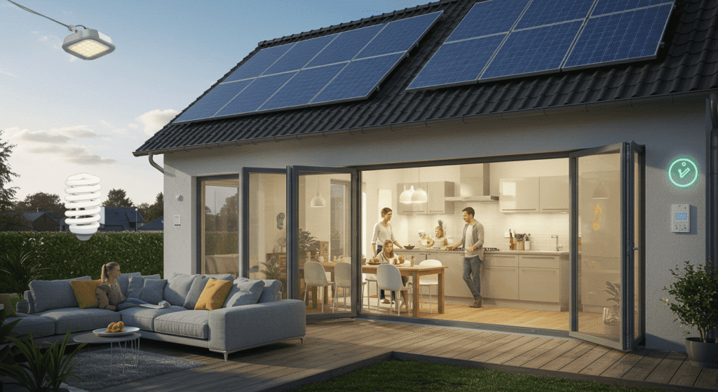 Home with reinforced roof and flood barriers to withstand extreme weather.