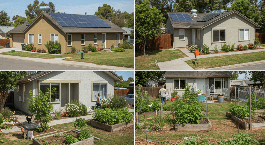 Solar panels and rainwater collection system installed for climate adaptation.