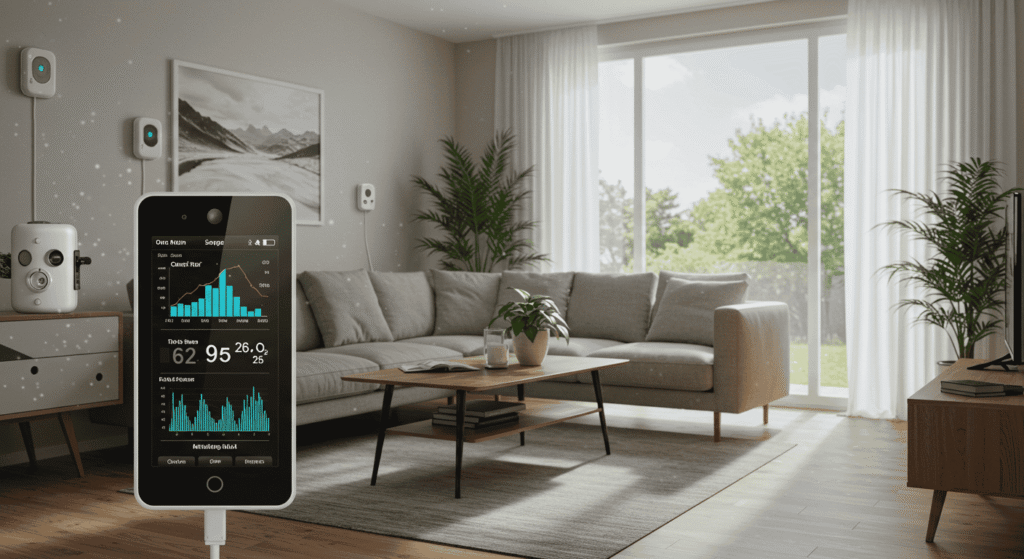 Smart indoor air quality monitor displaying air quality levels in a living room.