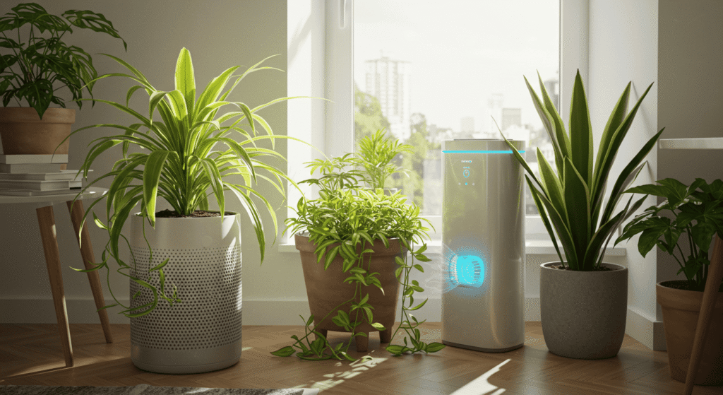 HEPA air purifier running in a modern bedroom for cleaner air.
