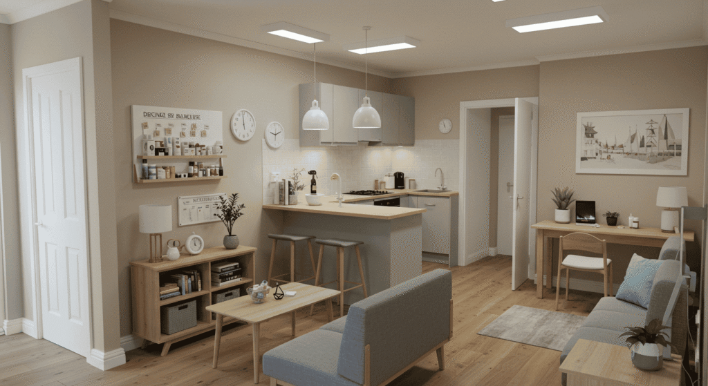 Bright, clutter-free kitchen with adaptive features for independent use.