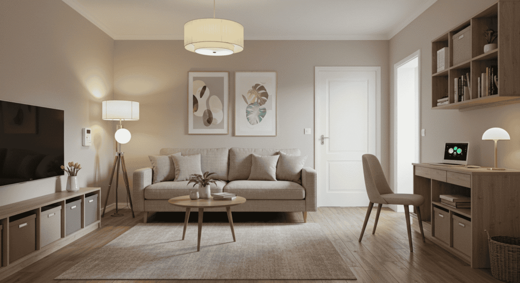 Wide hallway with smooth flooring for easy movement and safety.