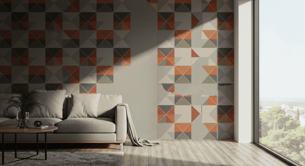 Living room wall covered with floral peel-and-stick wallpaper.
